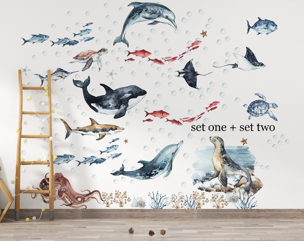 Sea animals big set with dolphins seal and shark - removable wall decals for kids ocean themed room by Igibee