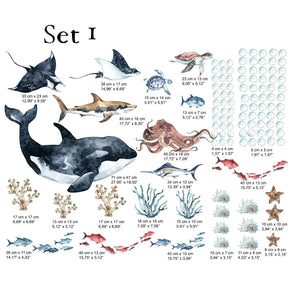 Sea animals wall decals set - dolphins seal shark marine life stickers for kids room by Igibee