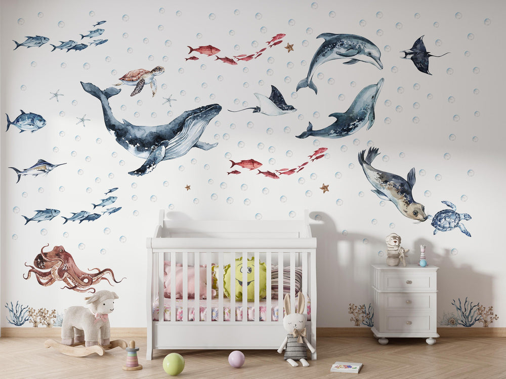 Ocean animals wall decals with whale, dolphins and seal - removable peel and stick nursery decor by Igibee