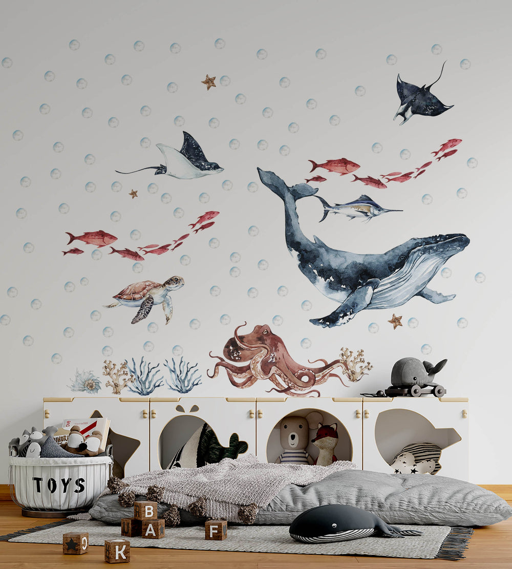 Ocean mammals set with dolphins whale and seal - sea animals wall decals peel and stick by Igibee