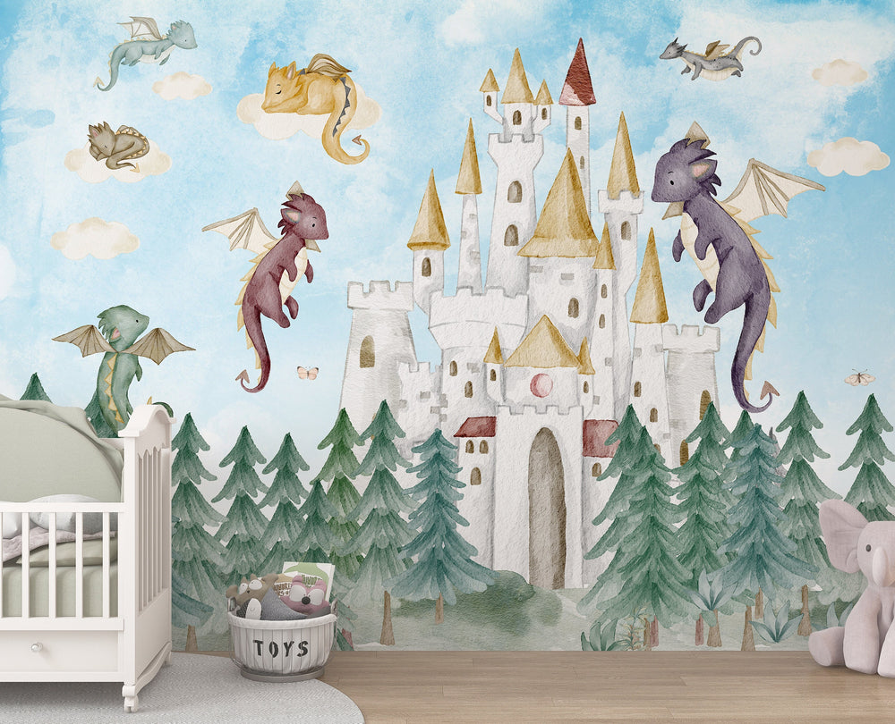 Dragon Castle fairy tale wallmural - magical kids wallpaper for nursery and children's rooms by Igibee
