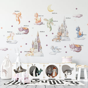 Wall stickers of dragons and a castles with clouds including measurements.
