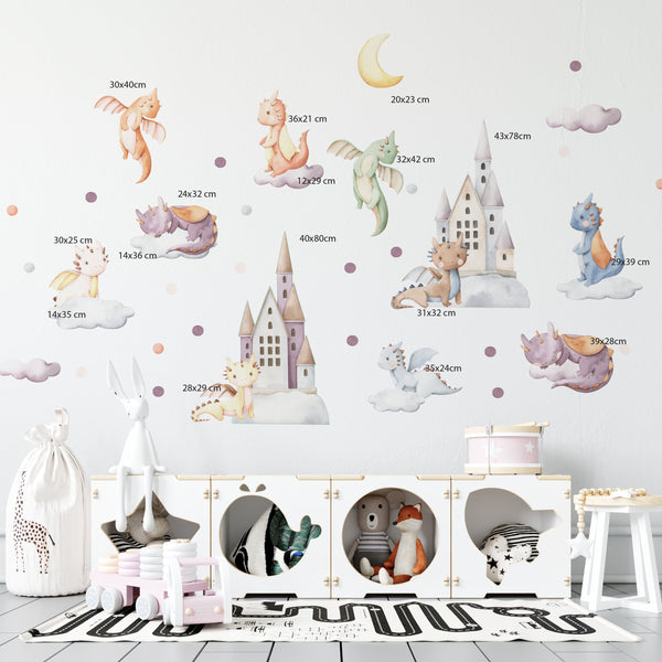 Wall stickers of dragons and a castles with clouds including measurements.