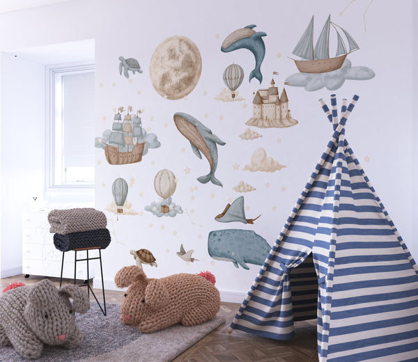 Dreaming sea whale and dolphin wall decals - stardust bedroom decor peel and stick by Igibee