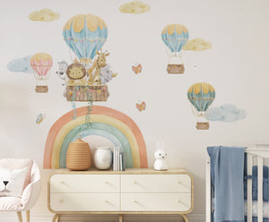 Sweet Pets Go on a Balloon Trip wall sticker set – adorable animals on a magical balloon adventure among clouds, removable nursery stickers by Igibee