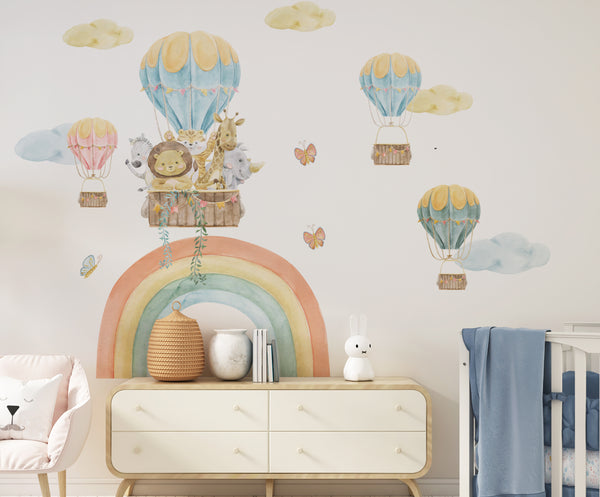 Sweet Pets Go on a Balloon Trip wall sticker set – adorable animals on a magical balloon adventure among clouds, removable nursery stickers by Igibee
