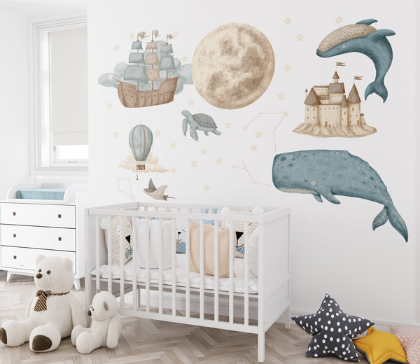 Dreamy sea animals wall decals from stardust collection - magical underwater themed bedroom decor by Igibee