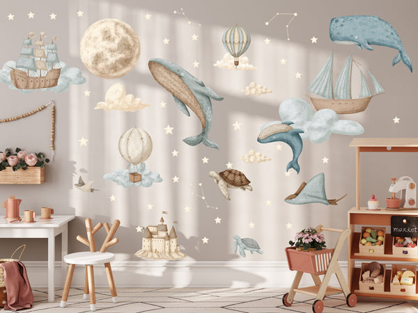 Stardust sea animals wall decals - dreamy ocean creatures for magical bedroom decor by Igibee