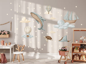 Dreamy sea animals with stardust elements - magical bedroom wall decals for kids room by Igibee