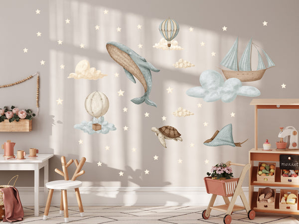 Dreamy sea animals with stardust elements - magical bedroom wall decals for kids room by Igibee