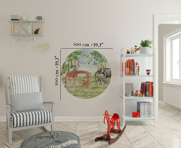 Window to African land with giraffe and elephants with their babies - 3 sizes of wall decal available