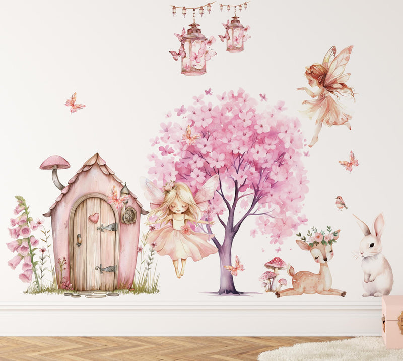 Fairy wall decal set – two fairies with magical house and blooming tree for girls room by Igibee