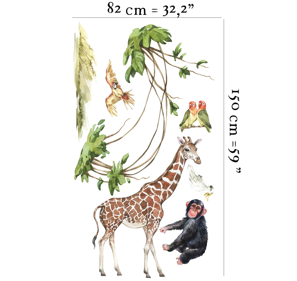 Giraffe, chimp and parrots - safari wall decal set