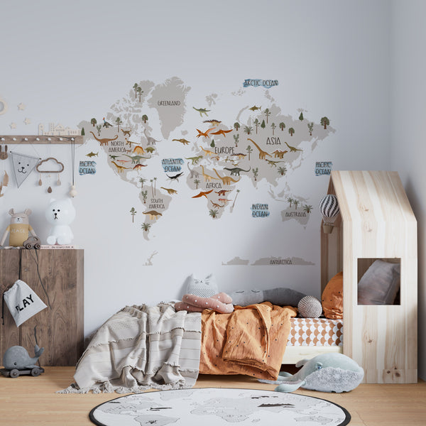 Self-adhesive map with dinosaurs