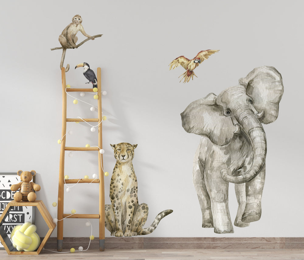 Elephant and Cheetah Great Wall Sticker set – majestic elephant, graceful cheetah, monkey, parrot and toucan in watercolor safari style, peel and stick nursery decor by Igibee