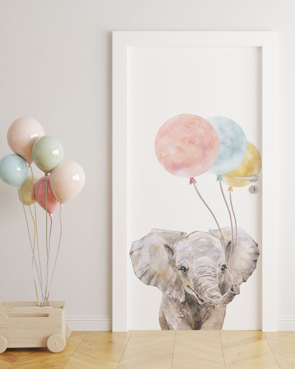 Elephant with balloons nursery door decal - removable peel and stick by Igibee