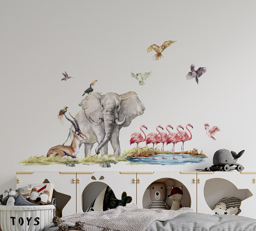 Big Safari Set wall decals with elephant, giraffe and flamingos