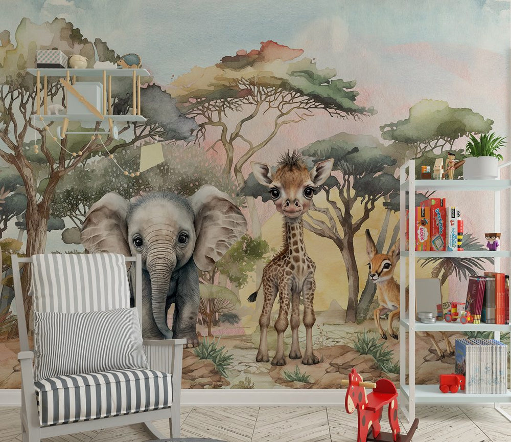 Cuties from Africa elephant and giraffe children's wall mural - adorable safari nursery wallpaper by Igibee