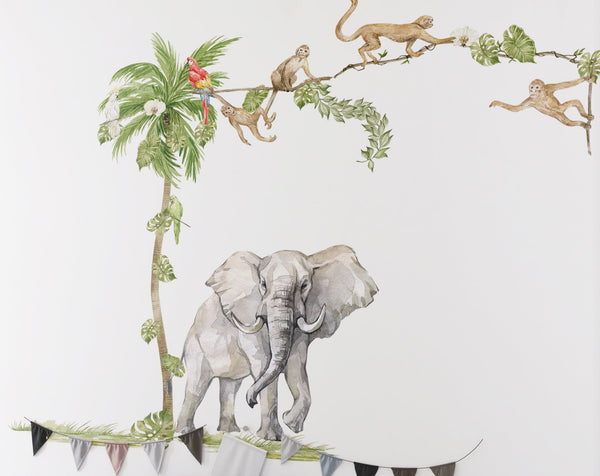 Elephant monkeys with palm tree peel and stick