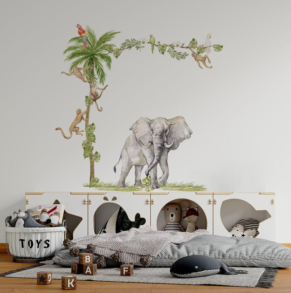 Safari Nursery Wall Decals Elephant with monkeys by Igibee