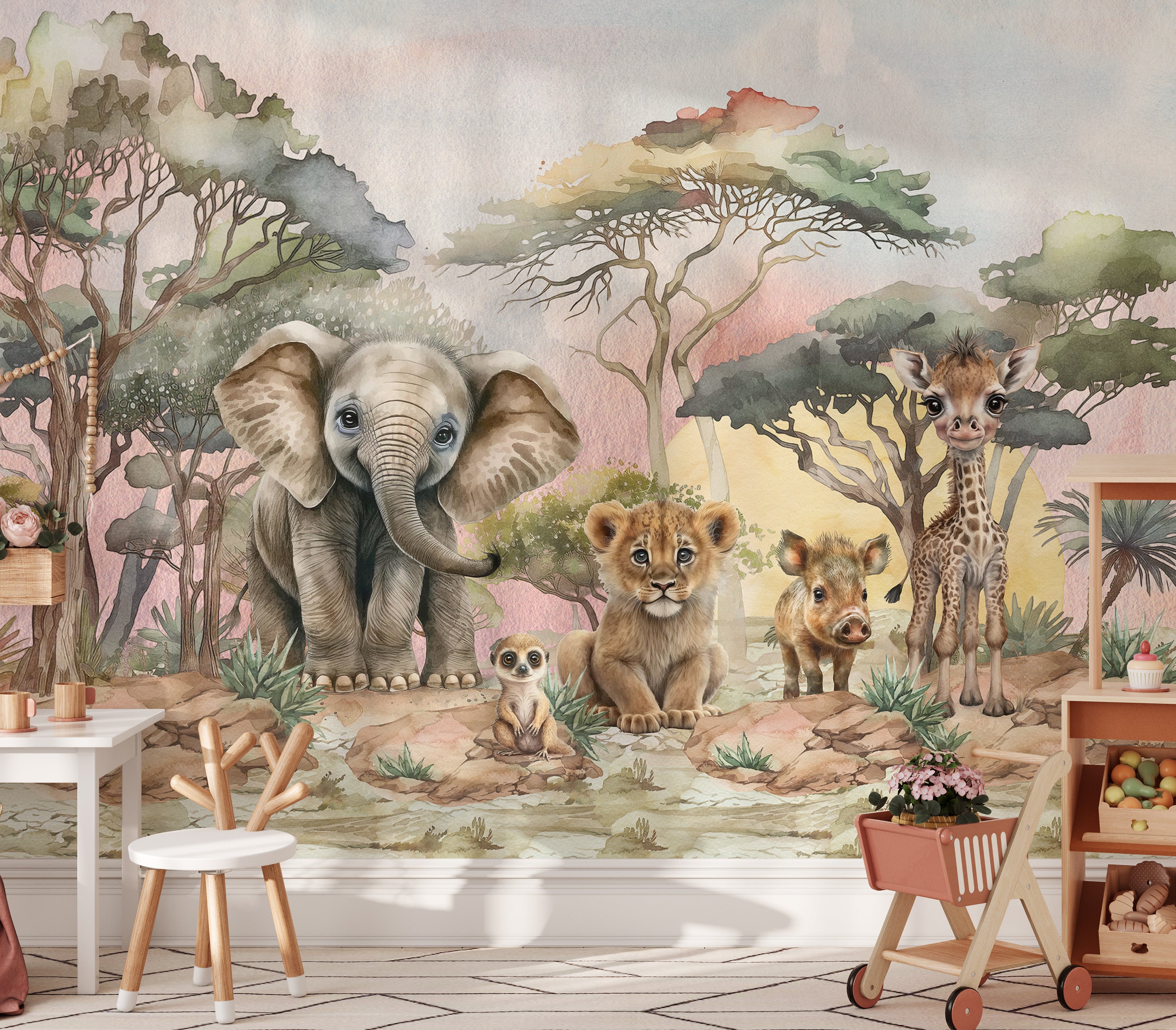 Nursery wall transformed with igibee safari wallpaper — elephant and giraffe peel and stick design