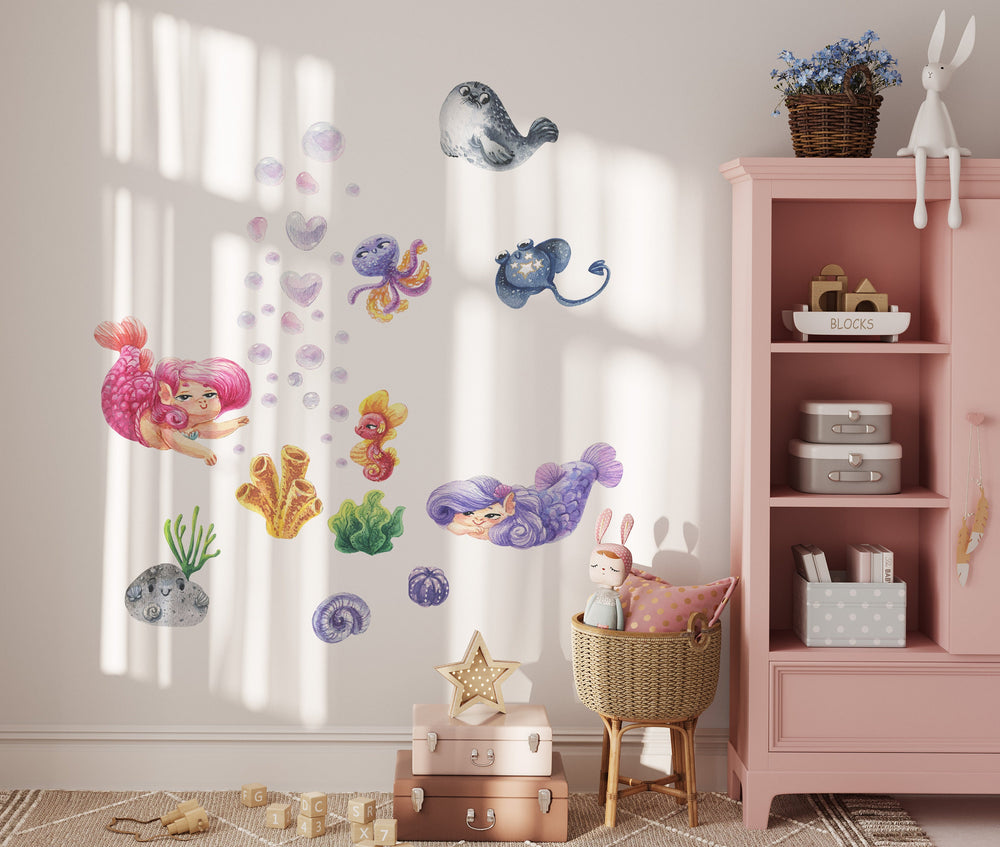 Mermaids sea world wall stickers – underwater nursery decals by Igibee