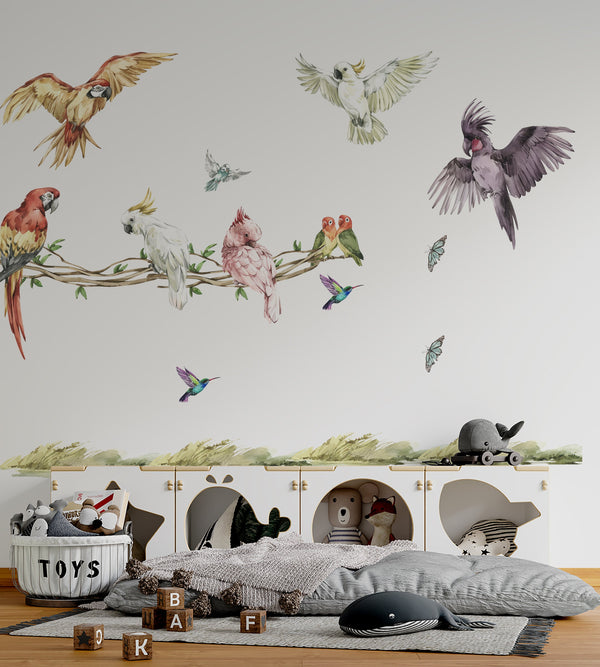 Colorful parrots on a branch - jungle wall decals