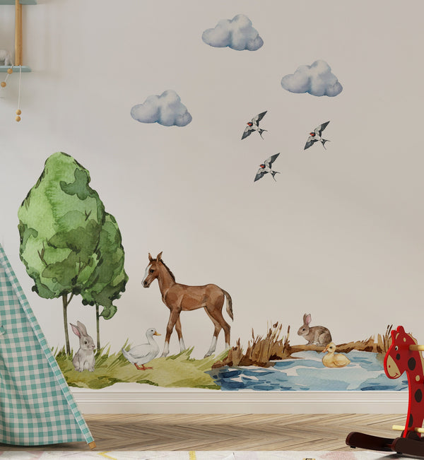 Pony and rabbits at the pond - farm animals walldecals