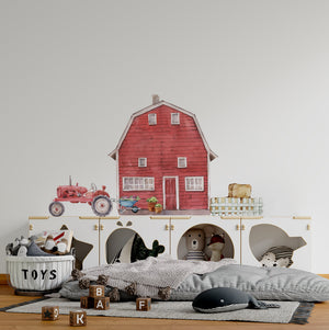 wall sticker with farm tractor and barn. Red barn with tractor wall sticker for children&#39;s room. In addition, a fence that perfectly matches the whole set of stickers from the farm animals series.