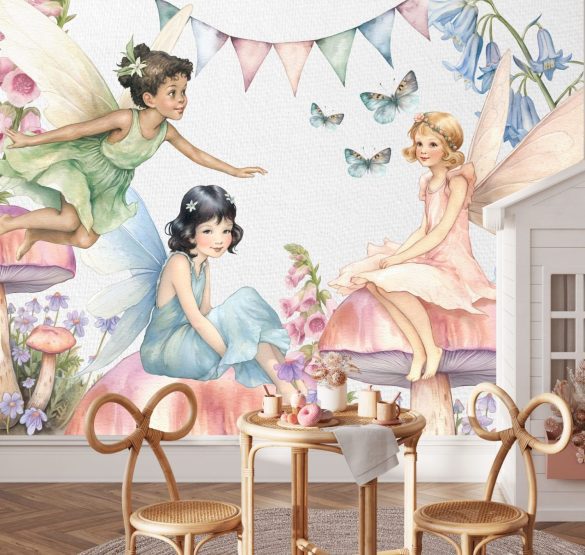 Fairy meadow wallpaper for children's room - magical garden scene with enchanted fairies by Igibee