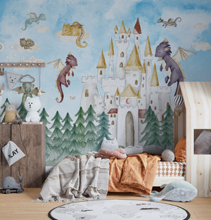 Fairy tale dragon castle wallpaper - magical kids bedroom decor wallmural by Igibee