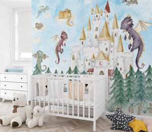 Fairy tale dragon castle wallmural - magical wallpaper for kids bedroom decor by Igibee