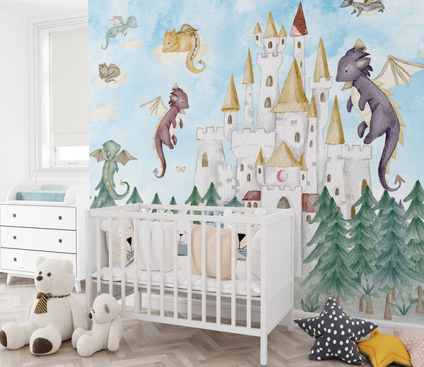 Fairy tale dragon castle wallmural - magical wallpaper for kids bedroom decor by Igibee