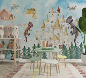Fairy tale dragon castle wallmural - magical kingdom fantasy wallpaper for kids bedroom by Igibee