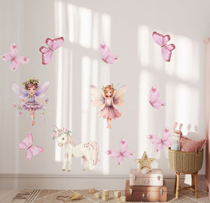 Fairies in tulle dresses, pink-maned unicorn and nine butterflies wall decals by Igibee