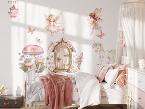 enchanted nursery art, fantasy princess room decor, wall decals kids bedroom, wall stickers girls nursery, girly room mural decals, dreamy fairy mural, princess castle stickers, kids fairy decor, whimsical girls bedroom,