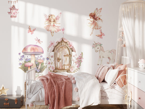 enchanted nursery art, fantasy princess room decor, wall decals kids bedroom, wall stickers girls nursery, girly room mural decals, dreamy fairy mural, princess castle stickers, kids fairy decor, whimsical girls bedroom,