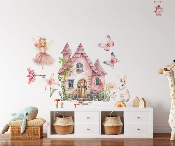 Large wall decals for girls featuring a beautiful pink cherry blossom tree and magical mushrooms in watercolor style.