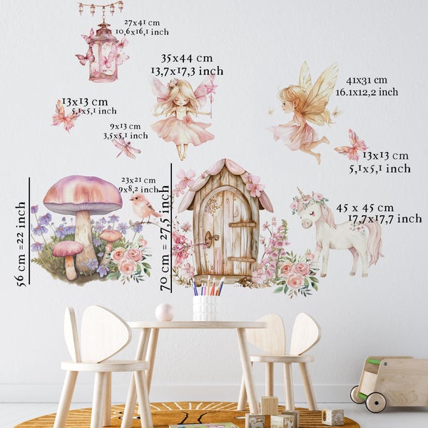Enchanting peel and stick fairy mural with flying blonde fairy holding a wand, red-haired fairy by magical door, unicorn, giant pink mushroom and blooming flowers. Perfect removable wall decor for little girls bedroom and nursery