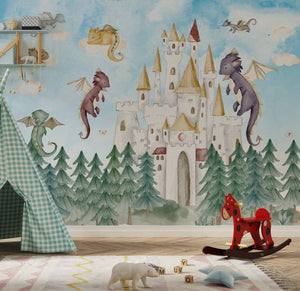 Fairytale dragon castle wallmural - magical kids bedroom wallpaper with fantasy theme by Igibee