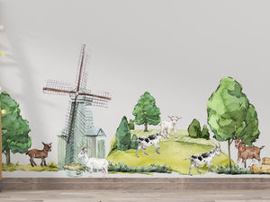 Farm goats herd with windmill wall stickers - pastoral scene decals for kids room by Igibee