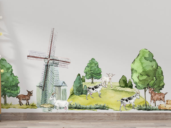 Farm goats herd with windmill wall stickers - pastoral scene decals for kids room by Igibee