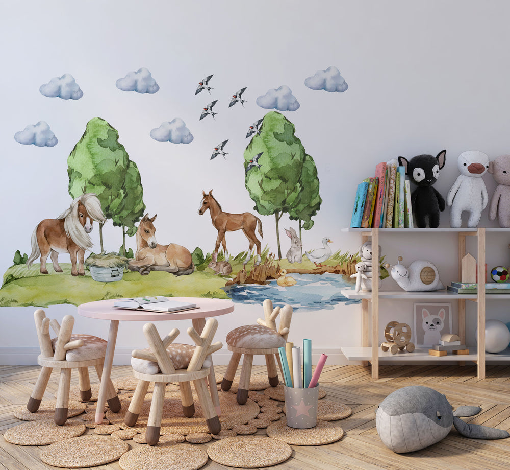 Horses by the pond wall stickers - farm animals collection peel and stick decals for kids room by Igibee