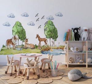 Farm horses by pond wall stickers - peaceful scene decals for kids bedroom by Igibee
