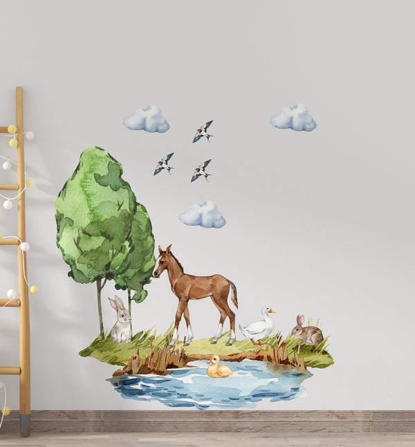 Farm pond scene with pony and rabbits - water theme nursery wall decals by Igibee