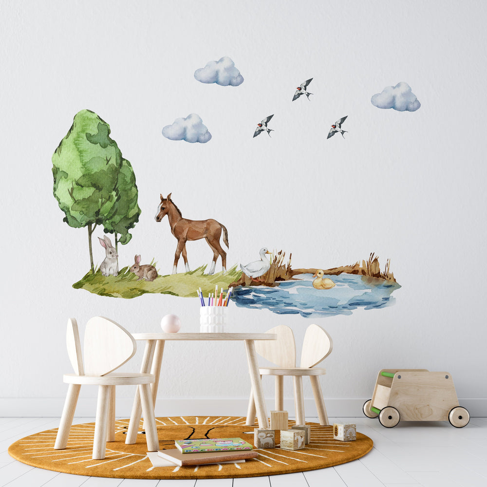 Pony and rabbits at the pond farm animals wall decals - cute countryside scene peel and stick by Igibee