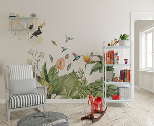 Exotic jungle wall stickers with parrots, large leaves and monkeys