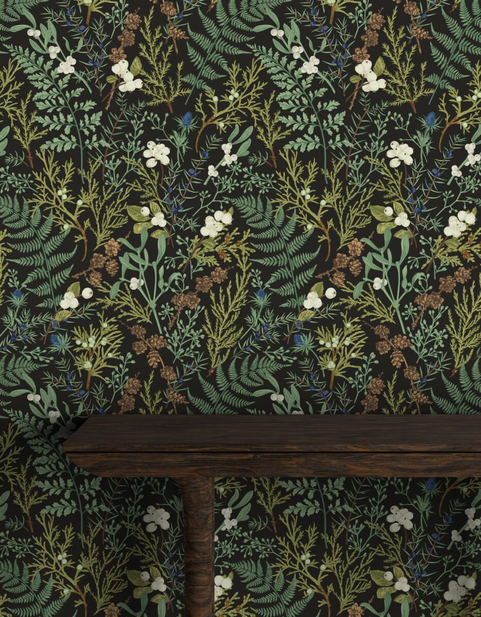 Dark fern botanical wallpaper for living room by Igibee