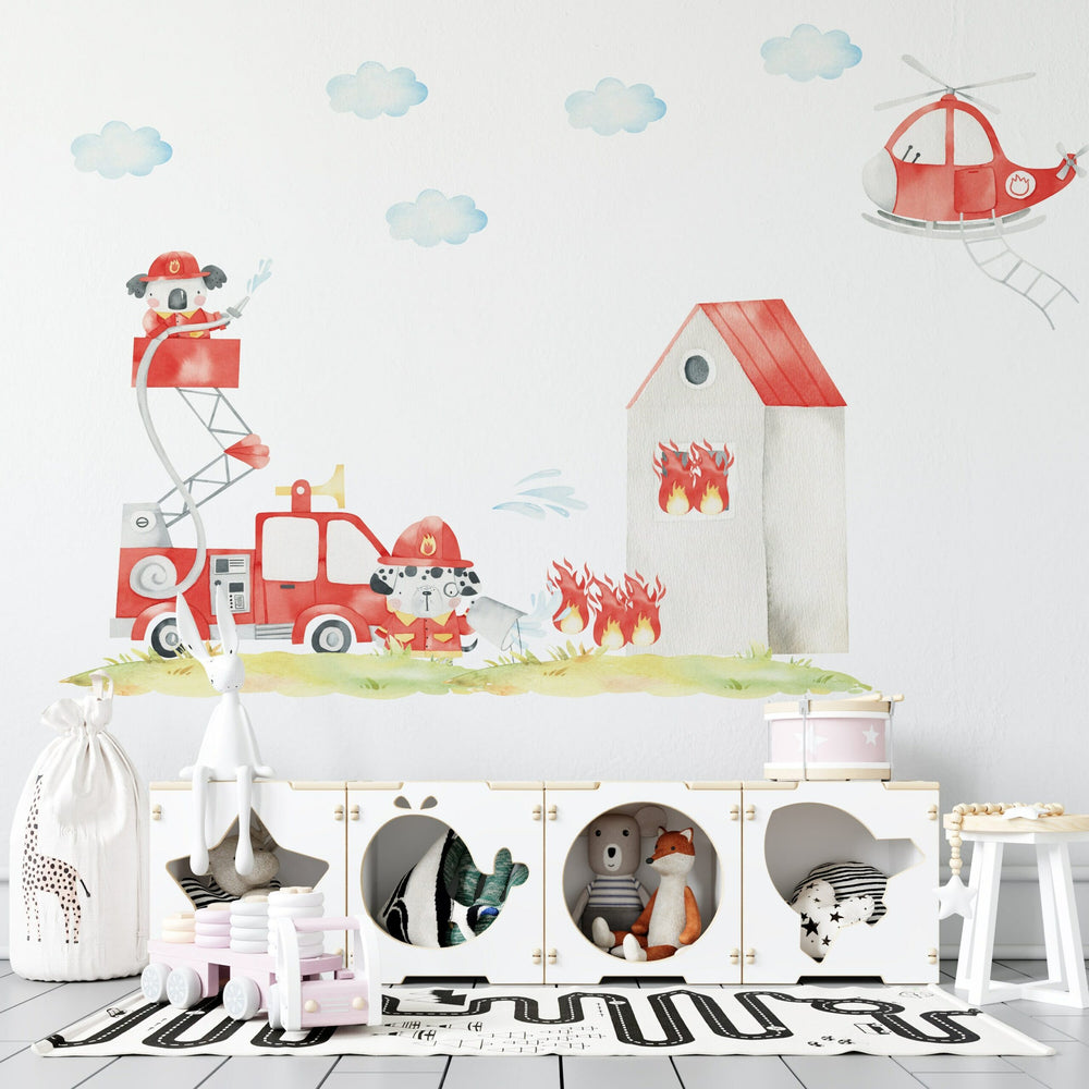 Fire brigade rescue sweet animals wall decals - educational adventure nursery stickers by Igibee