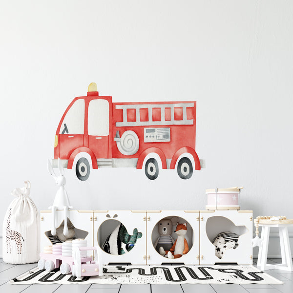 Fire brigade vehicle big red wall sticker - educational adventure decor for little fireman room by Igibee
